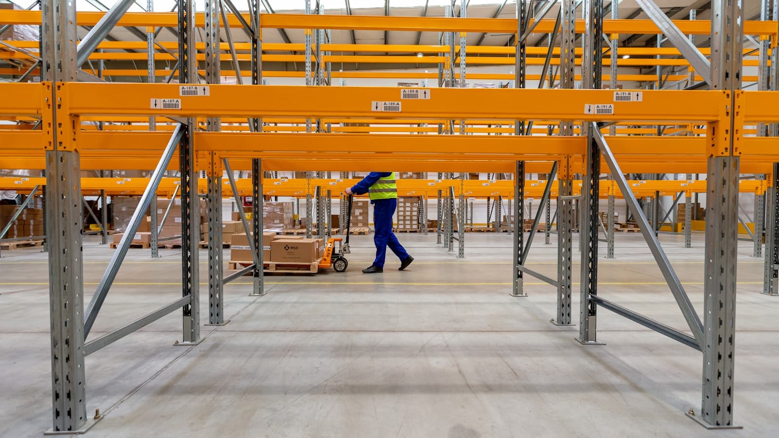 Racking and pallets inside a distribution warehouse