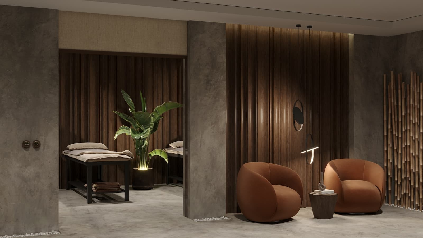 Interior of a premium spa, with treatment beds and a quiet lounge area